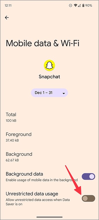 Uso de datos sin restricciones para Snapchat en Android