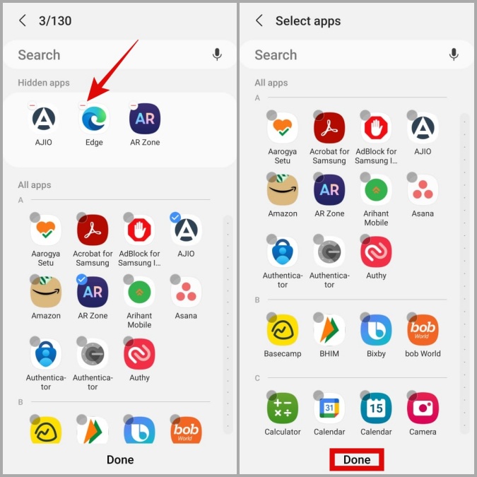 Aplicaciones de Unhide en el teléfono Samsung Galaxy