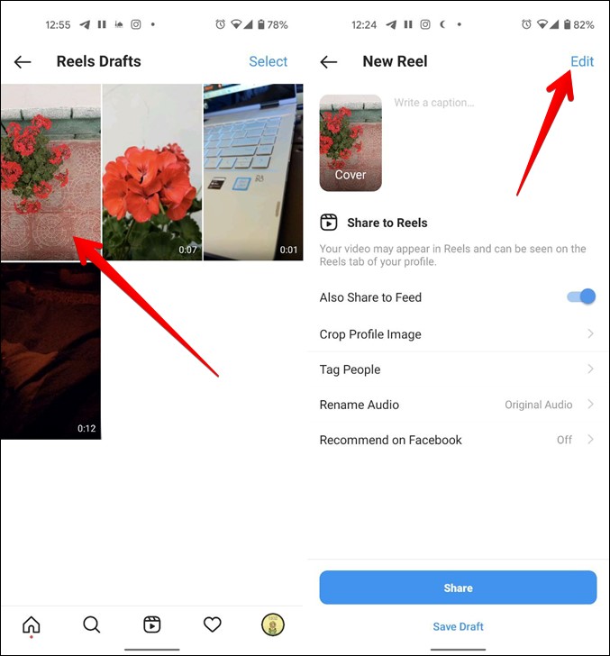 Edición de carretes de draft de Instagram