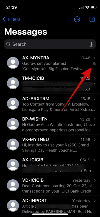 Notificación para mensajes icono oculto en la aplicación de mensajes de iPhone