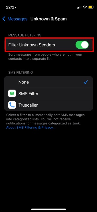 Filtrar la configuración de los remitentes desconocidos en los mensajes de iPhone
