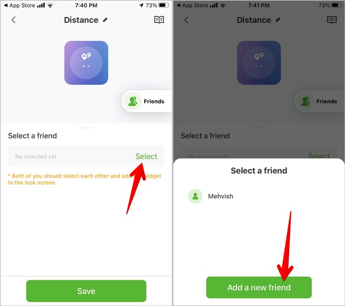 Seleccione amigo en la aplicación Widgetable en iPhone