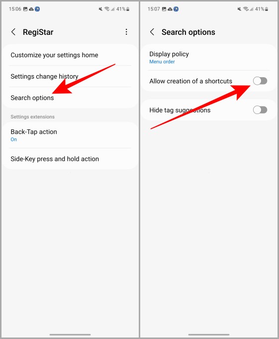 Opciones de módulo Registar en Samsung Galaxy 