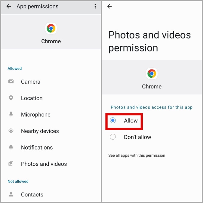 Permitir permisos de Google Chrome en Android