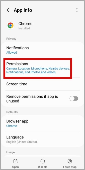 Permisos de Google Chrome en Android