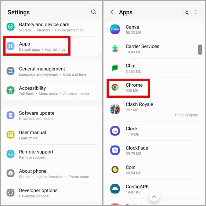 Google Chrome en la lista de aplicaciones de Android