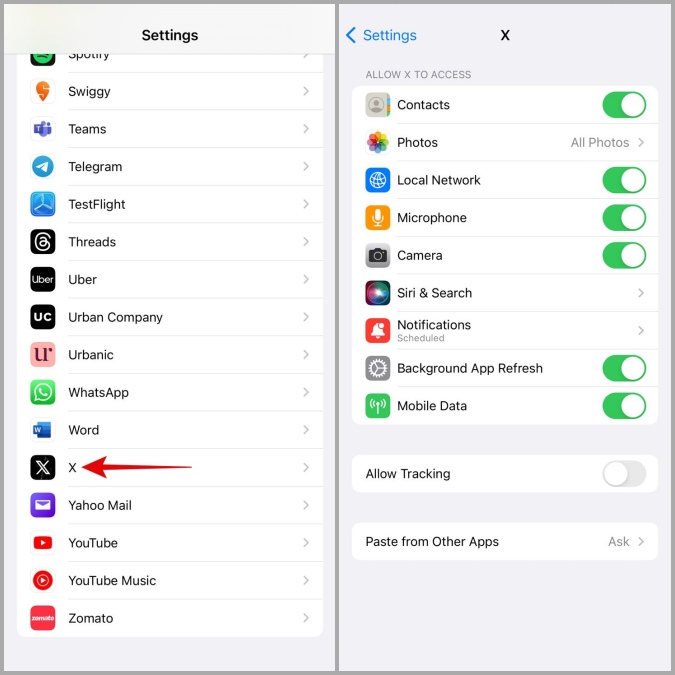 Permitir permisos de la aplicación Twitter o X en iPhone