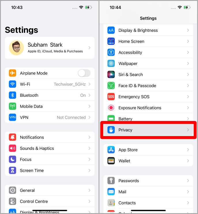 Apertura de la configuración de privacidad en iOS