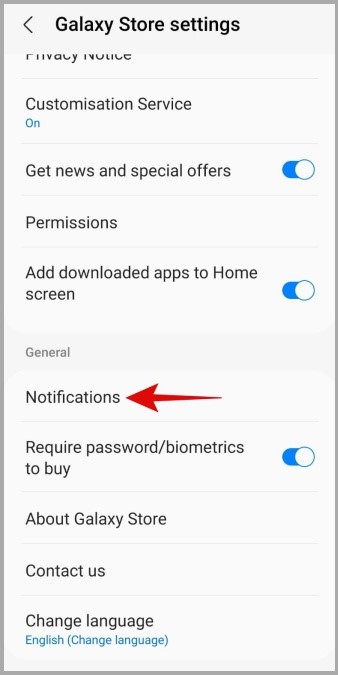 Configuración de notificación de la aplicación Galaxy Store en el teléfono Samsung