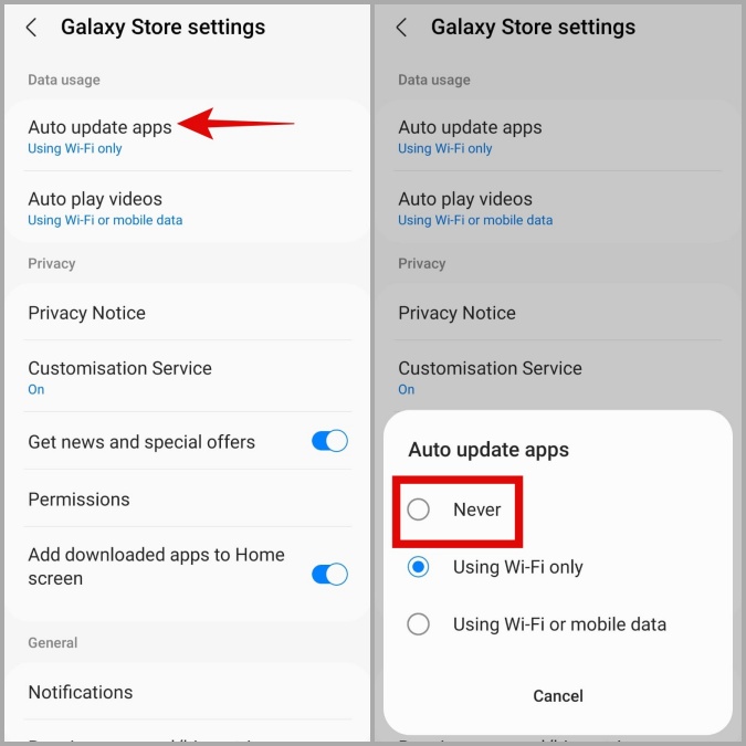 Evitar que Galaxy Store actualice aplicaciones en el teléfono Samsung