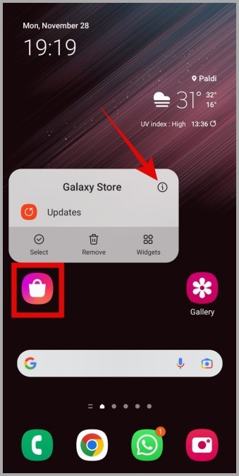Abra la información de la aplicación Galaxy Store en el teléfono Samsung