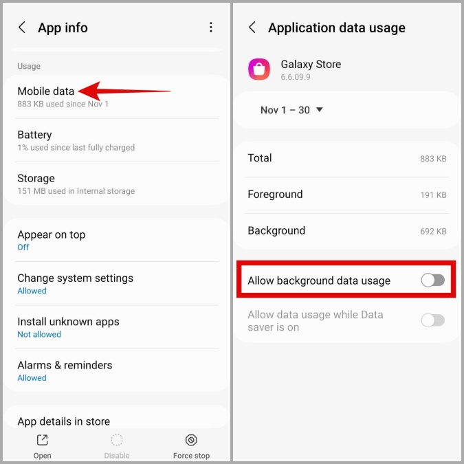 Deshabilitar datos de fondo para Galaxy Store en el teléfono Samsung