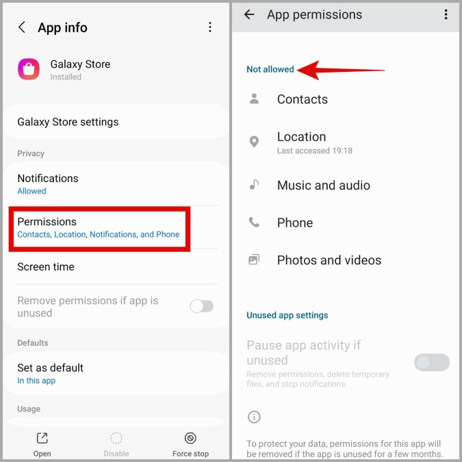 Desactivar los permisos de la tienda Galaxy en el teléfono Samsung