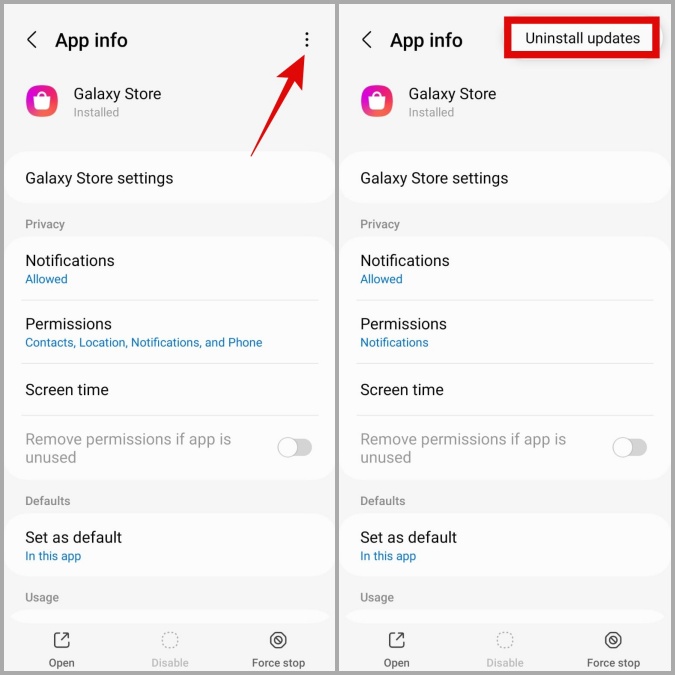 Desinstalar actualizaciones de la tienda Galaxy en el teléfono Samsung