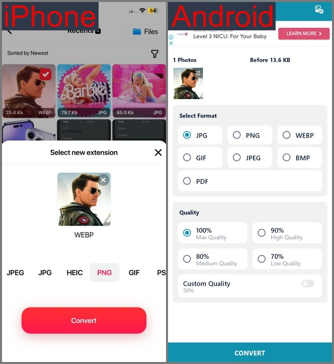 Aplicación del convertidor de imagen para iPhone y Android