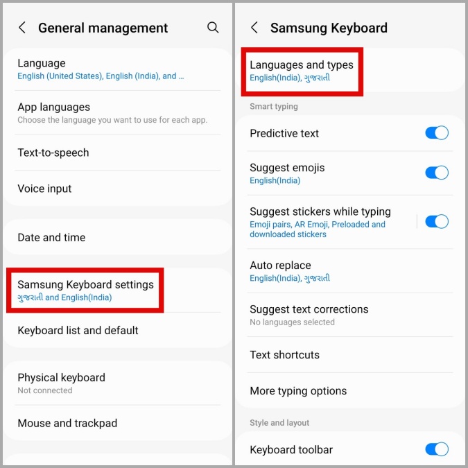 Menú de configuración del teclado Samsung