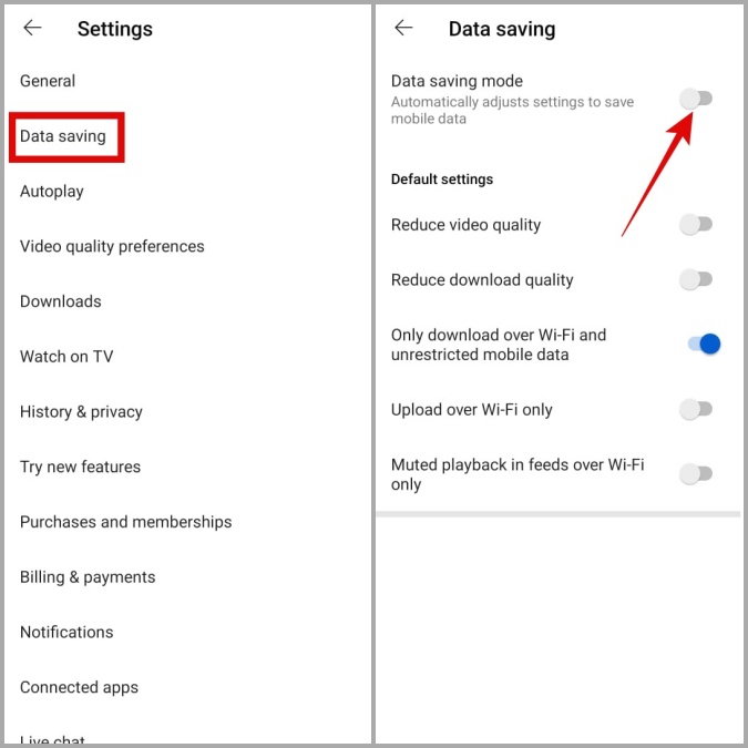 Deshabilitar el modo de ahorro de datos en la aplicación de YouTube para Android