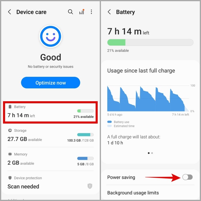 Apague el ahorro de energía en el teléfono Android