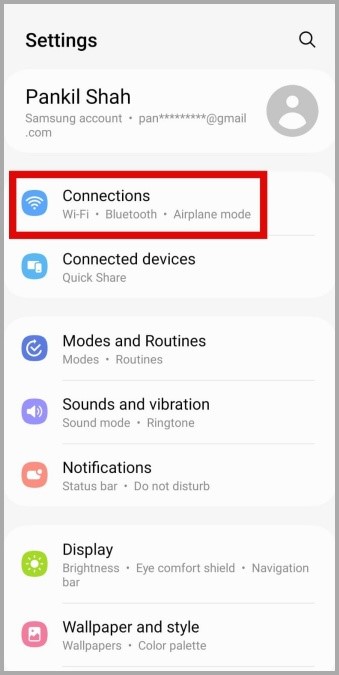 Menú de conexiones en Android