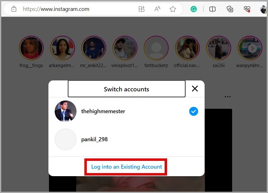 Inicie sesión en la cuenta de Instagram en la computadora
