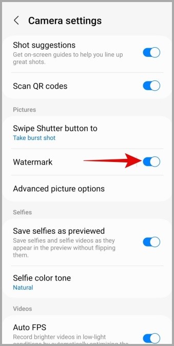 Habilitar o deshabilitar la marca de agua en la aplicación Samsung Camera