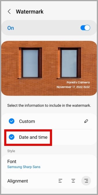 Habilite la fecha de agua de fecha y hora en la aplicación Samsung Camera