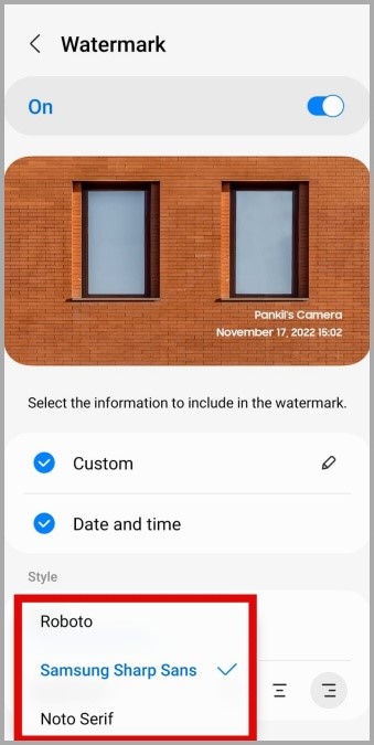 Fuentes de marca de agua en la aplicación de cámara Samsung
