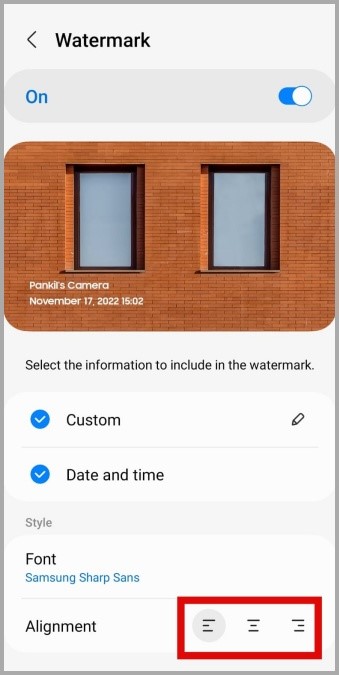 Cambiar la alineación de la marca de agua en la aplicación de cámara Samsung