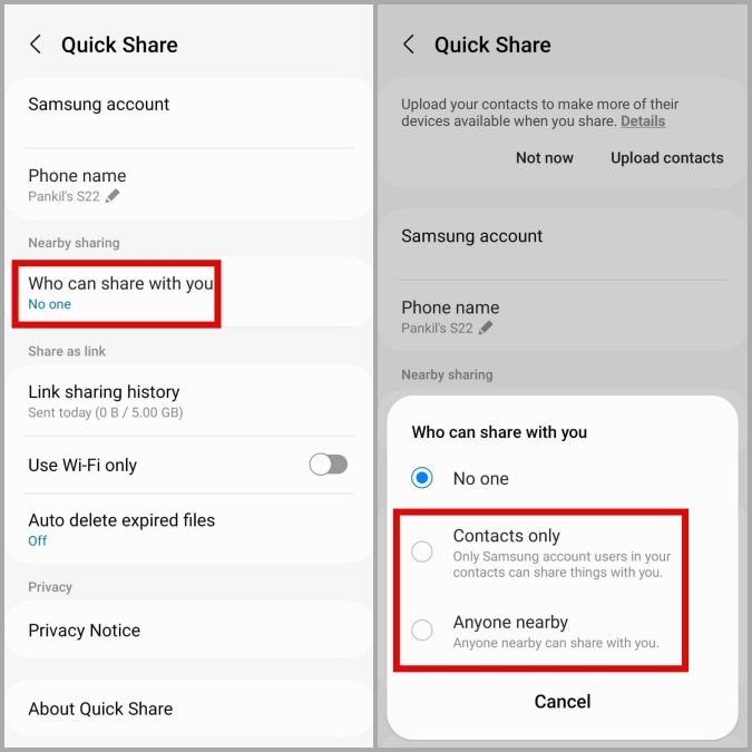 Configuración de visibilidad de compartir rápido en el teléfono Samsung
