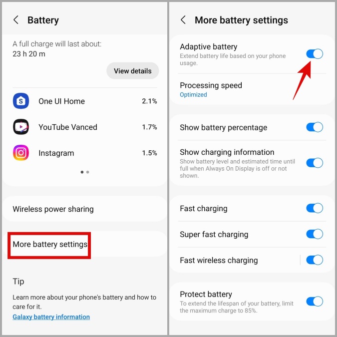 Desactivar la batería adaptativa en el teléfono Samsung