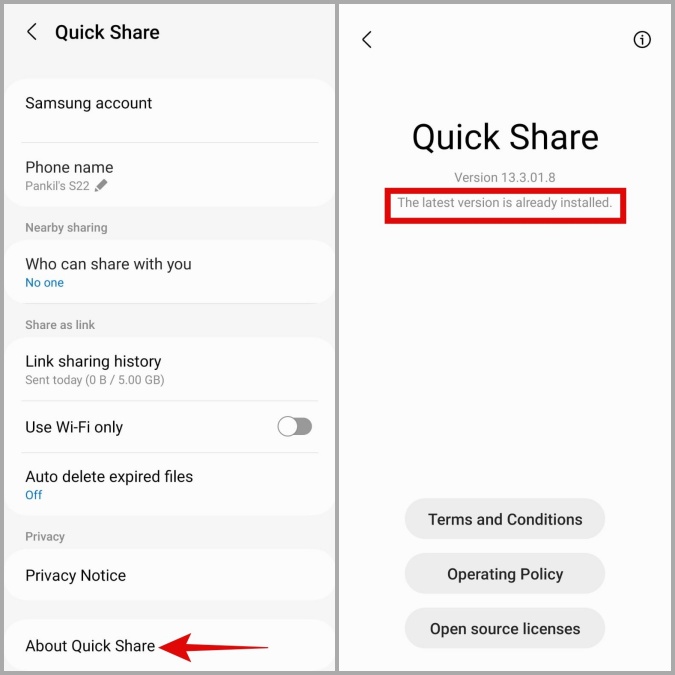 Actualizar compartido rápido en el teléfono Samsung