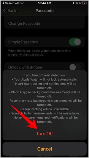 Apple Watch Detección de muñeca para iPhone Off