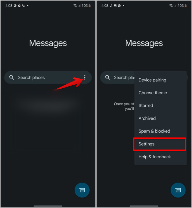 Abra la configuración en los mensajes de Google en el teléfono Samsung