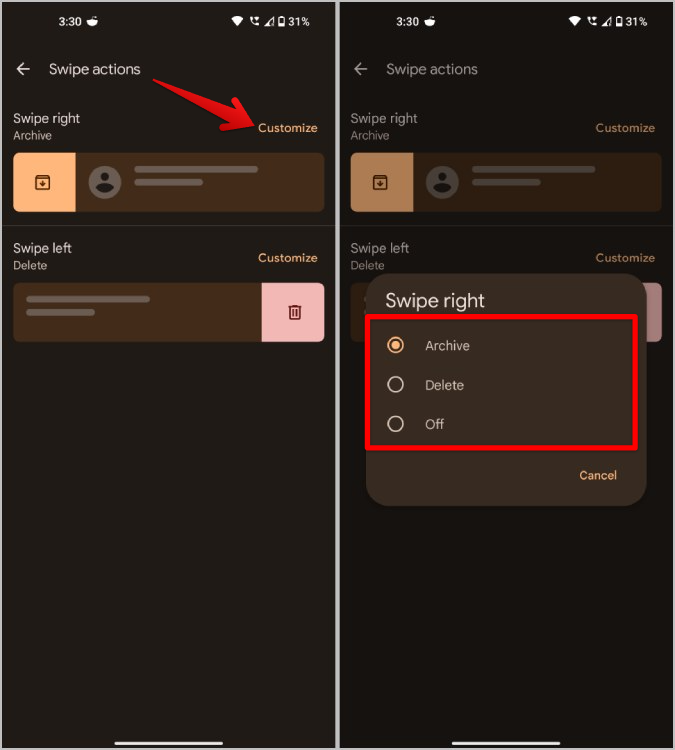 Personalizar el gesto de deslizamiento correcto en los mensajes de Google
