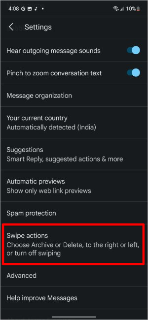 Configuración de acción de deslizamiento en los mensajes de Google en el teléfono Samsung