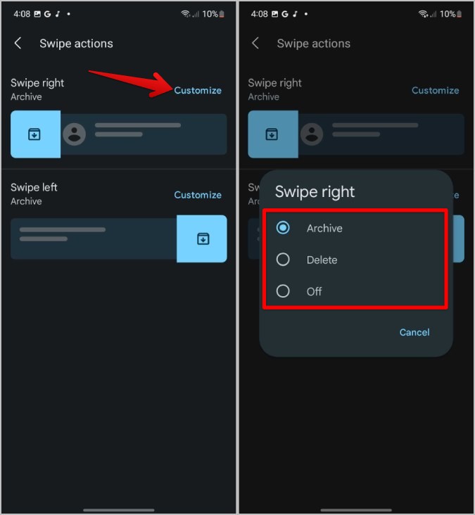 Personalizar grealles de deslizamiento en los mensajes de Google en el teléfono Samsung