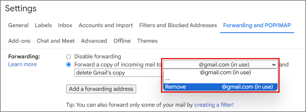 Eliminar el reenvío de correo