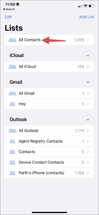 Verifique todos los contactos en iPhone