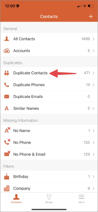 Menú de contactos duplicados en la aplicación de contactos de iPhone