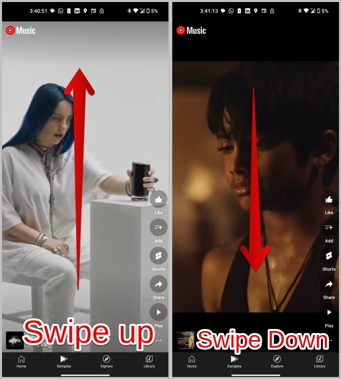 Deslizar hacia arriba y hacia abajo en las muestras de música de YouTube