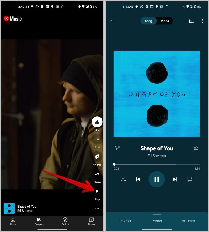 Tocando la muestra completa de la canción de YouTube Music