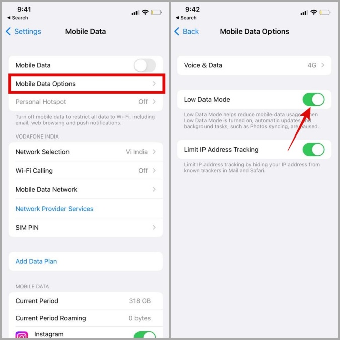 Deshabilitar el modo de datos bajos en los datos móviles en el iPhone