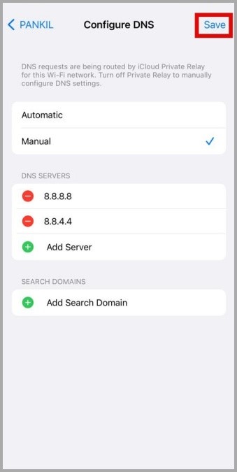 Guardar configuración DNS en iPhone