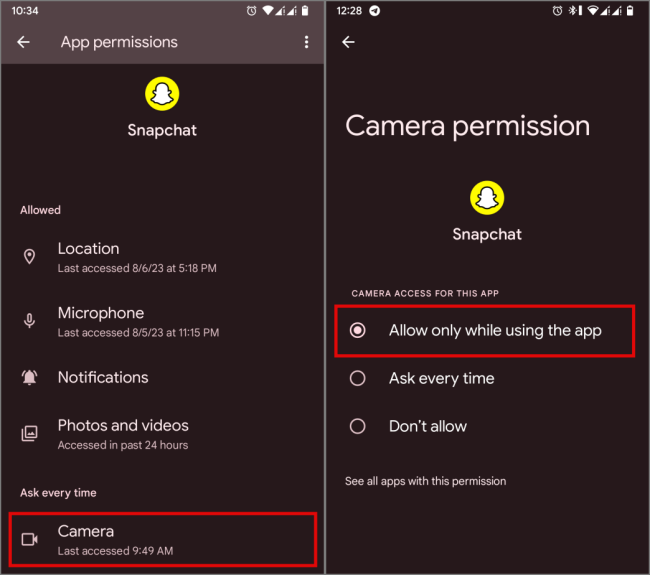 Permisos de Snapchat en la configuración de Android