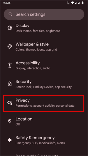 Página de configuración en Android