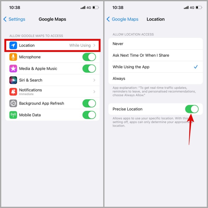Habilitar una ubicación precisa para mapas en iPhone