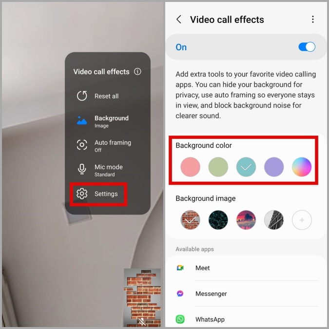 Color de fondo de videollamadas en el teléfono Samsung