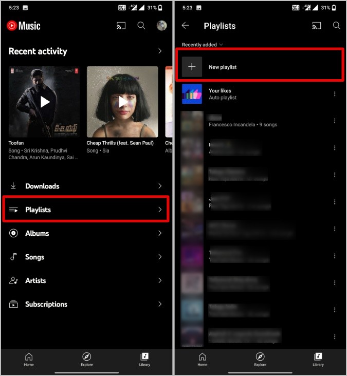 Creando una nueva lista de reproducción de la biblioteca en la música de YouTube