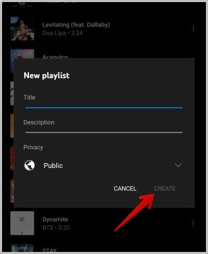 Creando una nueva lista de reproducción en YouTube Music