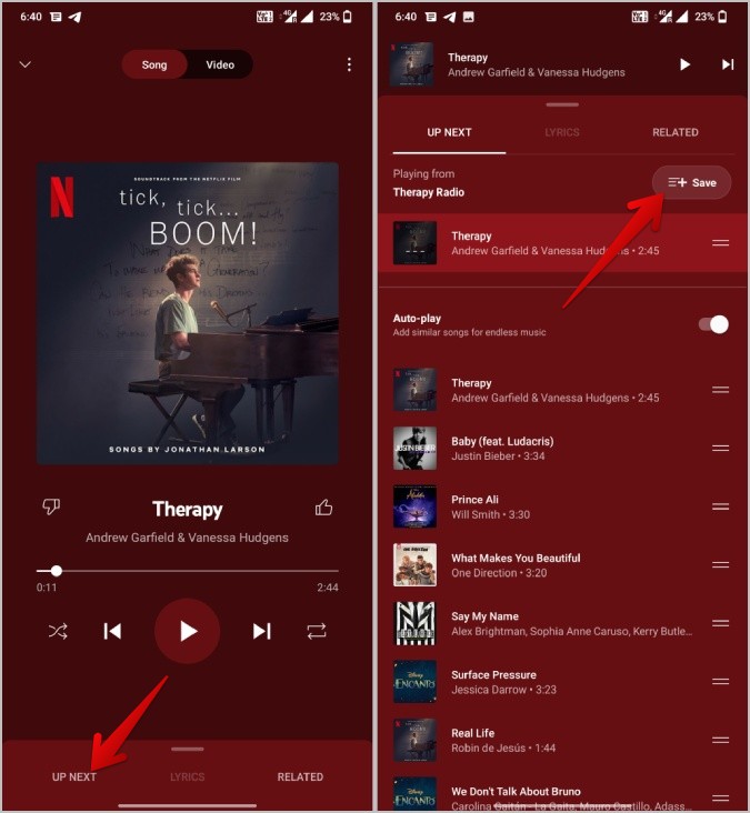 Guardar la cola en la música de YouTube